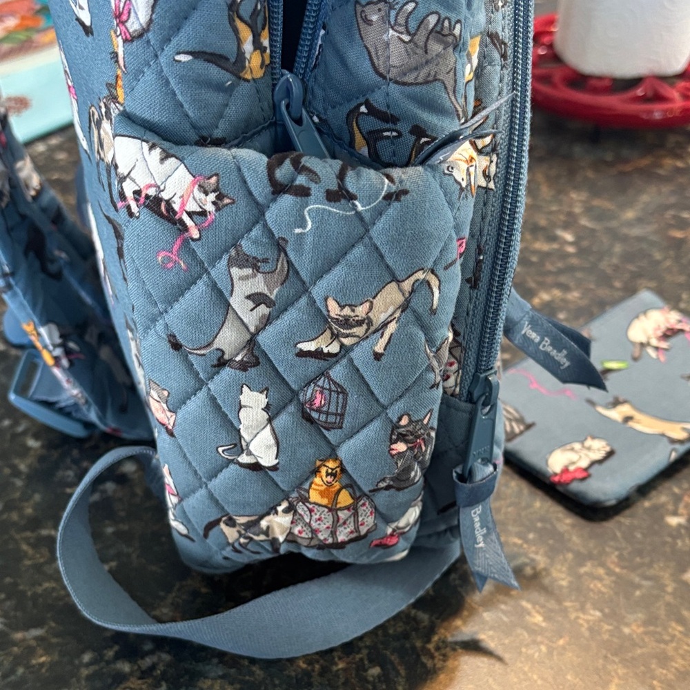Vera Bradley Blue Cat Print Quilted Backpack with Pouch.  MINI BACKPACK - Picture 2 of 10